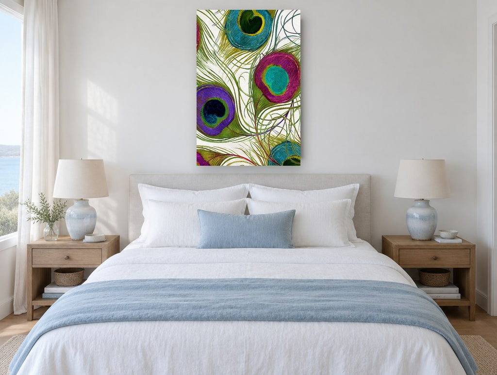 Jewelled Peacock Plumes animal canvas print on the wall of a bedroom