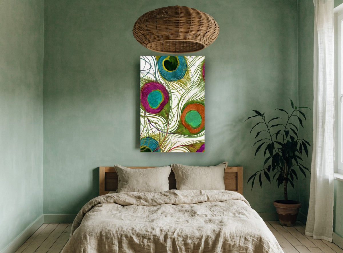 Peacock Eye Swirl animal canvas print on the wall of a bedroom