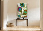 Peacock Eye Swirl animal canvas print on the wall of a hallway