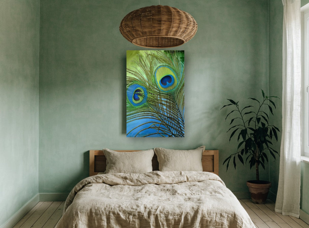 Peacock Eyes in Teal animal canvas print on the wall of a bedroom