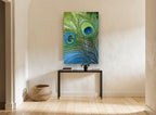 Peacock Eyes in Teal animal canvas print on the wall of a hallway