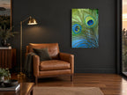 Peacock Eyes in Teal animal canvas print on the wall of a charcoal living room