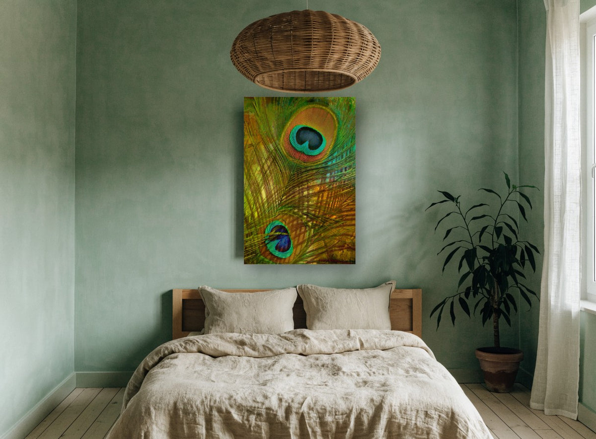 Peacock Feather Eyes animal canvas print on the wall of a bedroom
