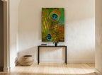 Peacock Feather Eyes animal canvas print on the wall of a hallway
