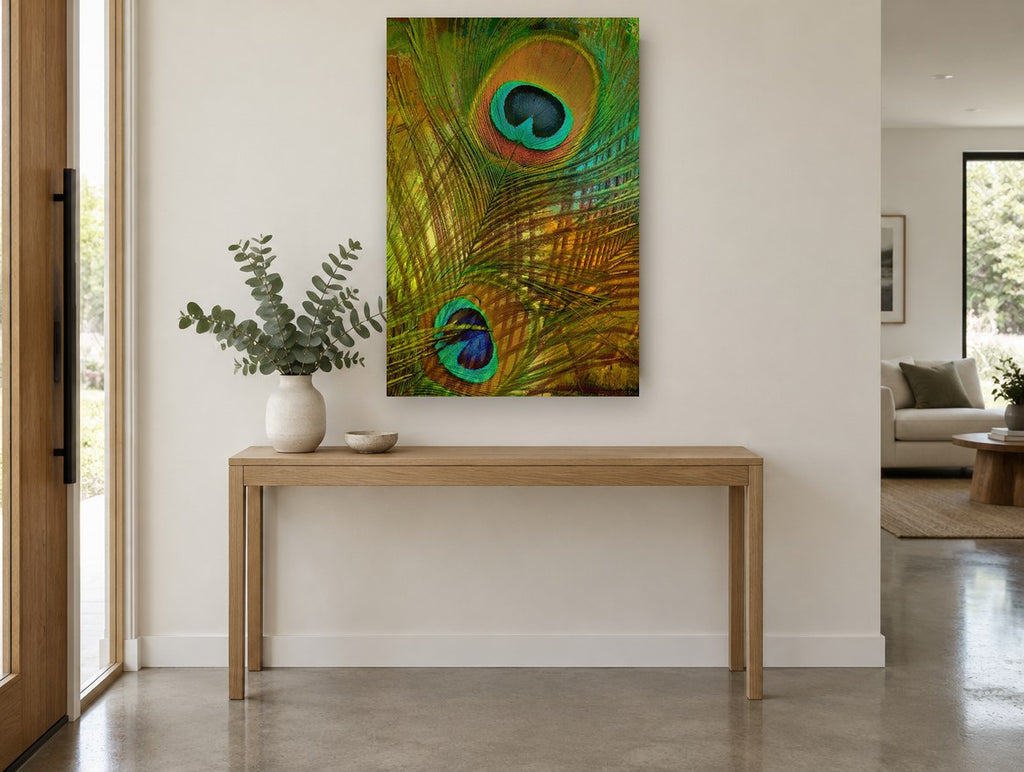 Peacock Feather Eyes animal canvas print on the wall of a entry hall