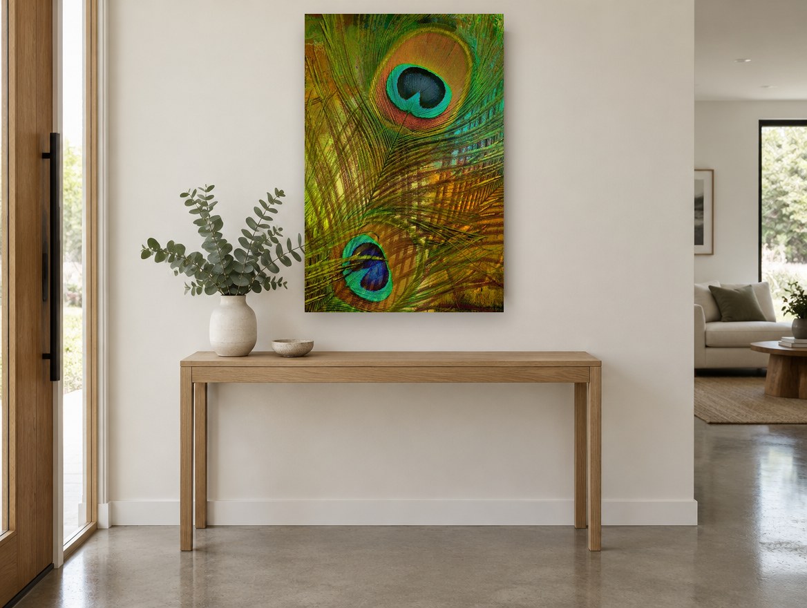 Peacock Feather Eyes animal canvas print on the wall of a entry hall