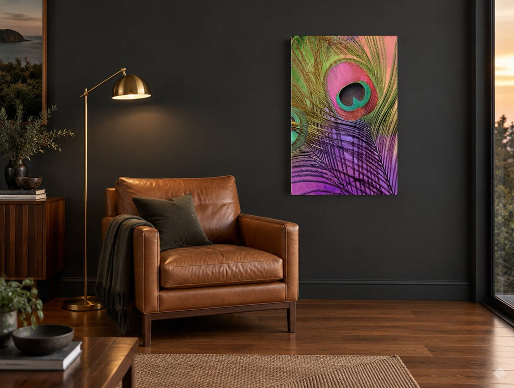 Peacock Feather Candy animal canvas print on the wall of a charcoal living room