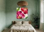 Open Tulips in Magenta floral canvas print on the wall of a bedroom