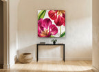 Open Tulips in Magenta floral canvas print on the wall of a hallway