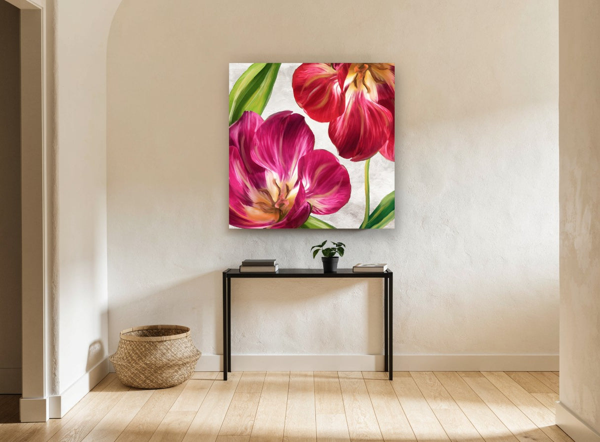 Open Tulips in Magenta floral canvas print on the wall of a hallway