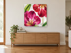 Open Tulips in Magenta floral canvas print on the wall of a living room above a sideboard