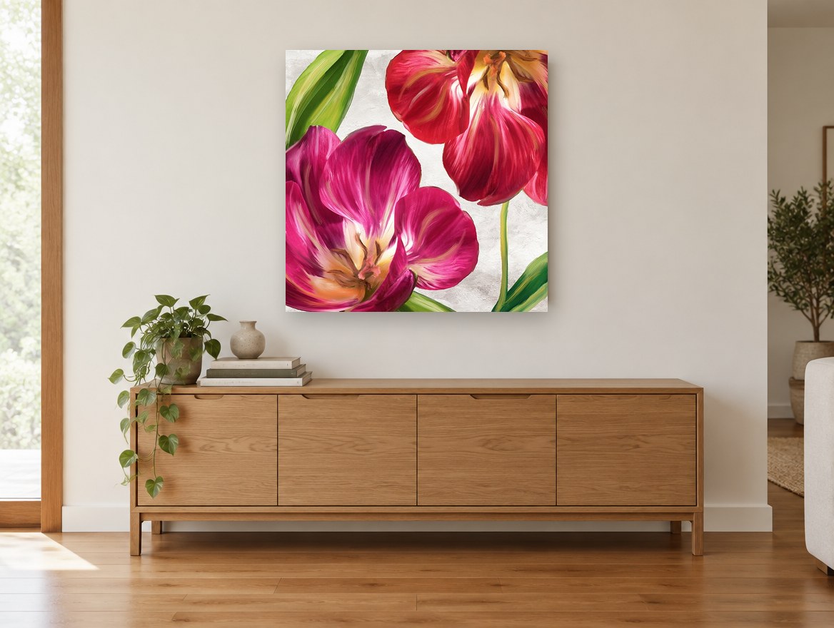 Open Tulips in Magenta floral canvas print on the wall of a living room above a sideboard
