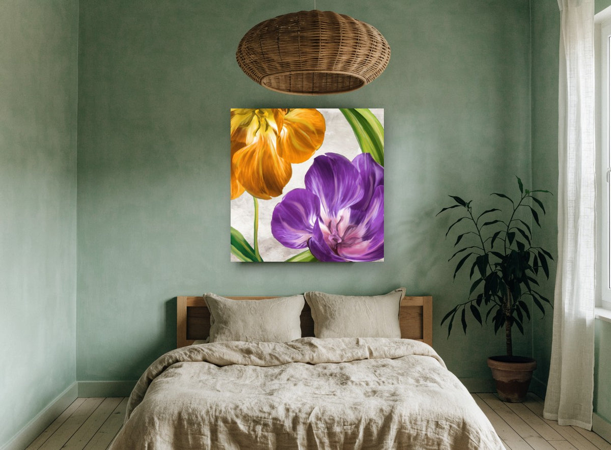 Purple and Amber Tulips floral canvas print on the wall of a bedroom