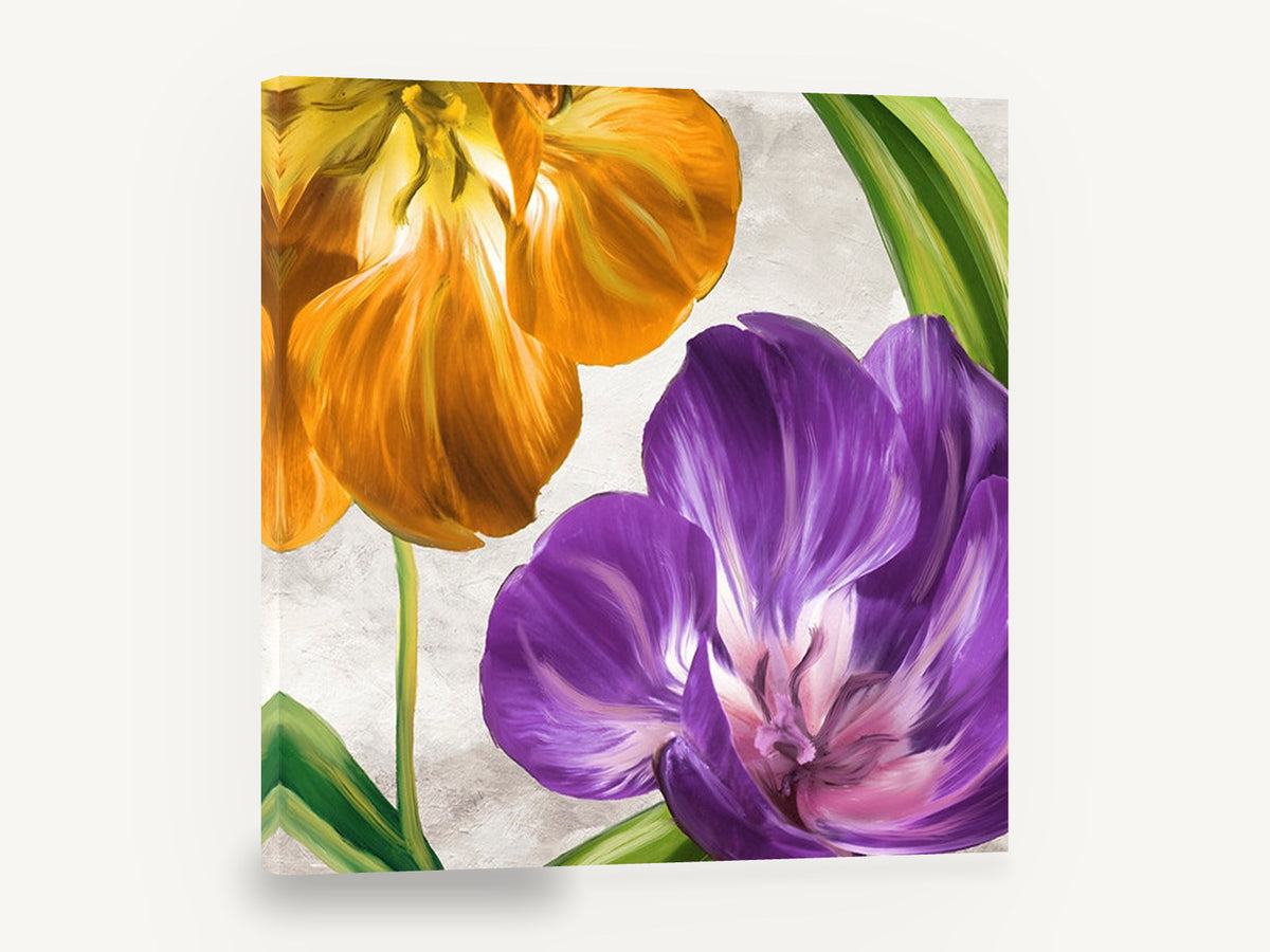 Purple and Amber Tulips, purple and orange tulip floral painting, floral canvas wall art print ready to hang