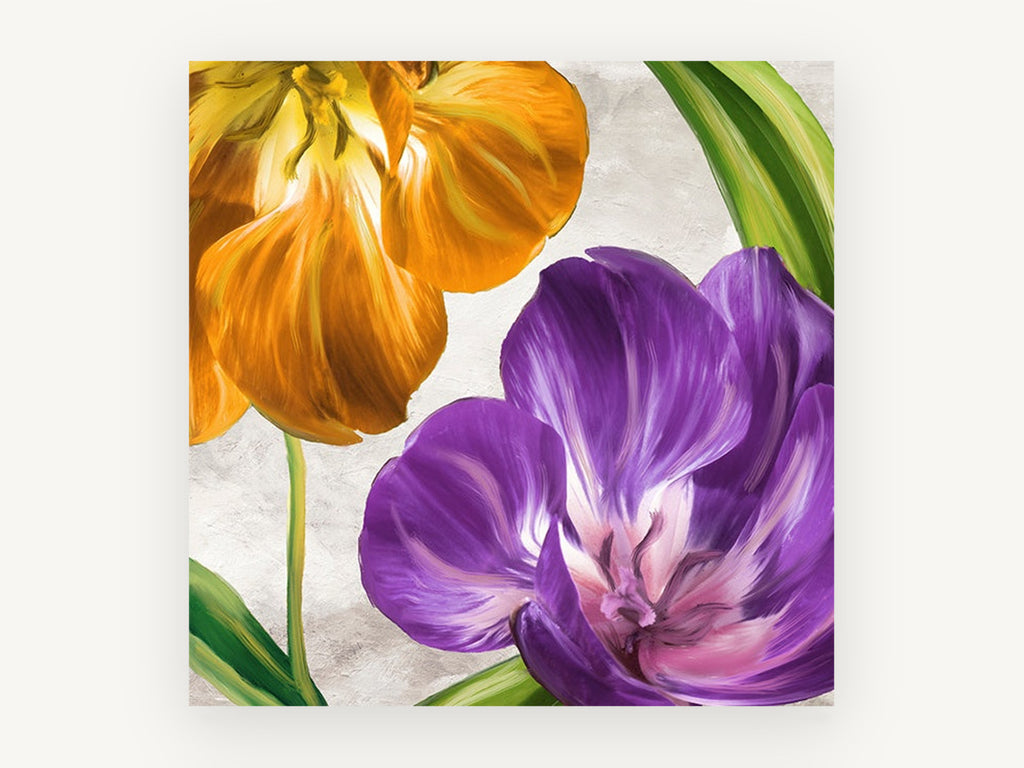Purple and Amber Tulips, floral canvas wall art print, front view