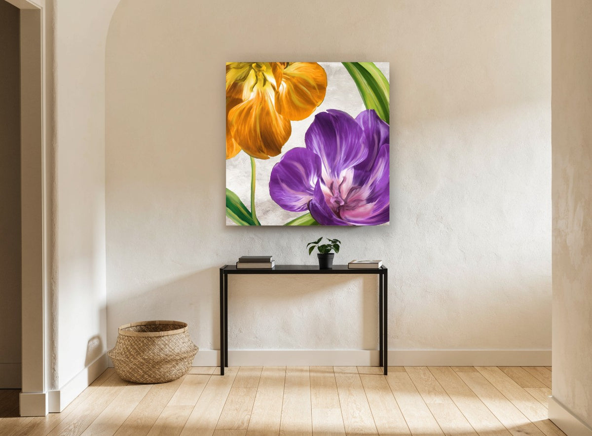 Purple and Amber Tulips floral canvas print on the wall of a hallway