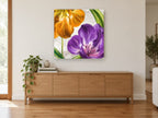 Purple and Amber Tulips floral canvas print on the wall of a living room above a sideboard