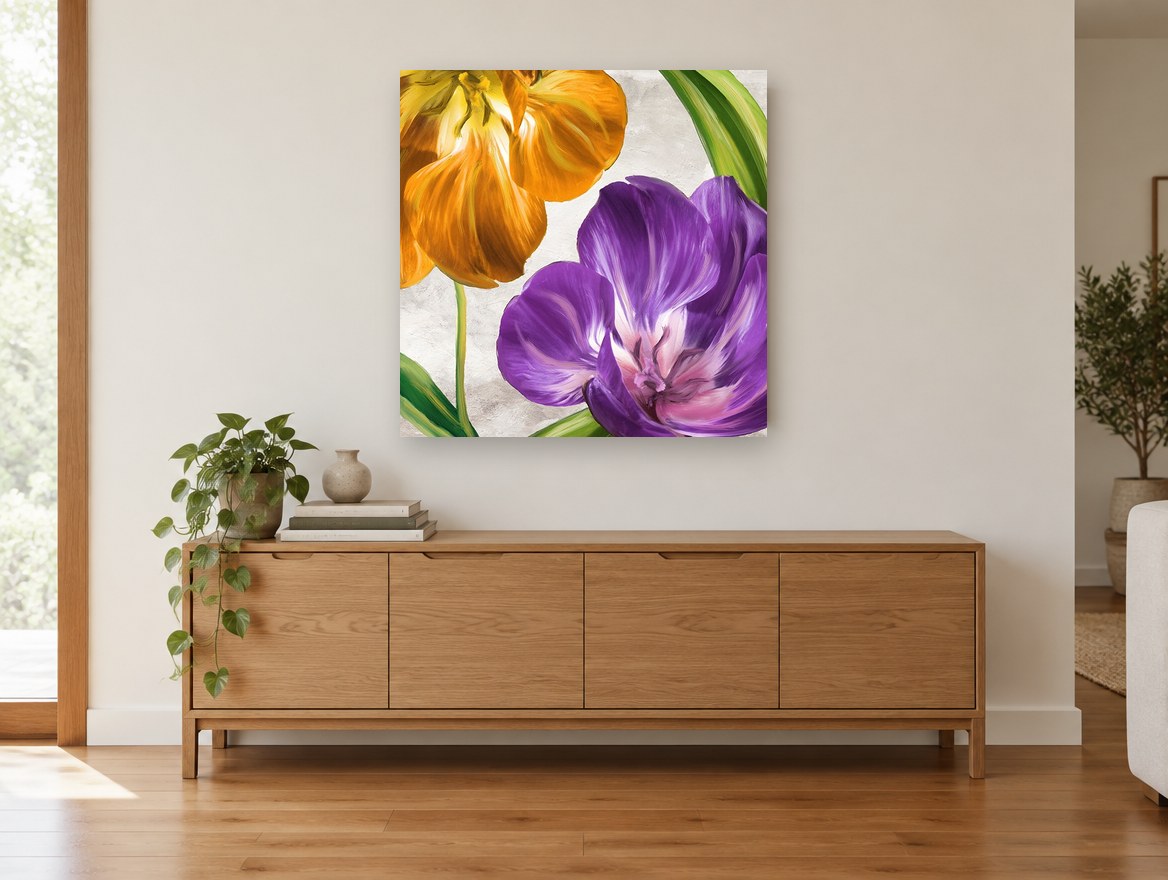 Purple and Amber Tulips floral canvas print on the wall of a living room above a sideboard