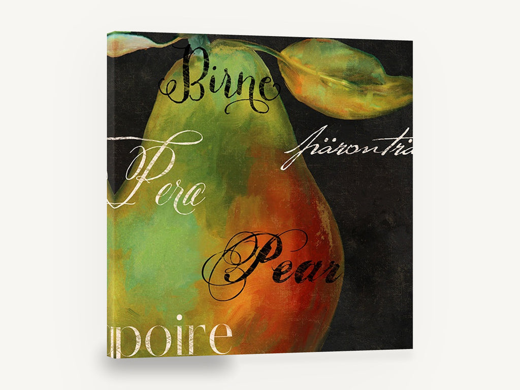 Pear in Many Tongues, pear typography kitchen wall art, kitchen canvas wall art print ready to hang