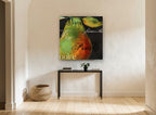 Pear in Many Tongues kitchen canvas print on the wall of a hallway