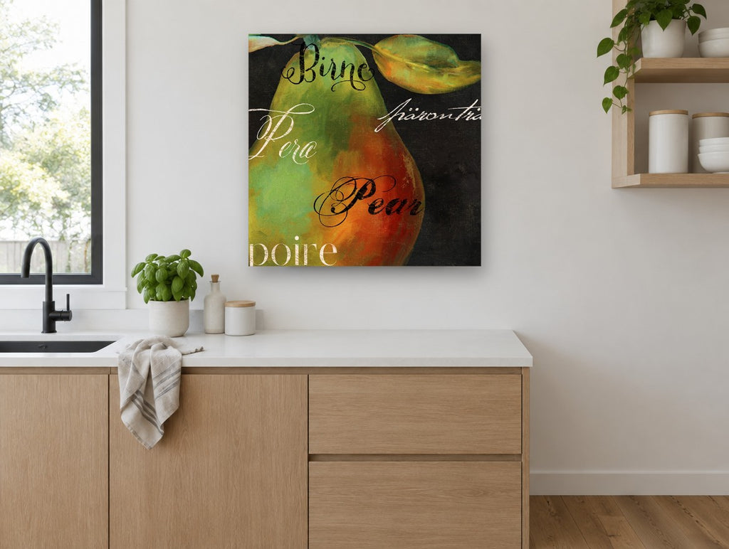 Pear in Many Tongues kitchen canvas print on the wall of a kitchen