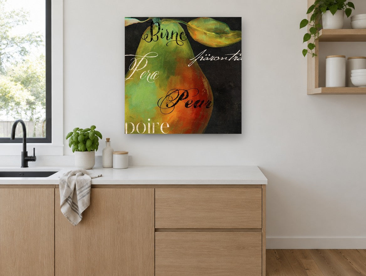 Pear in Many Tongues kitchen canvas print on the wall of a kitchen