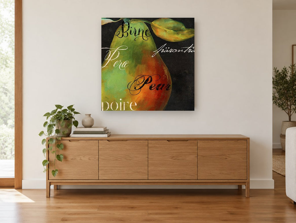 Pear in Many Tongues kitchen canvas print on the wall of a living room above a sideboard