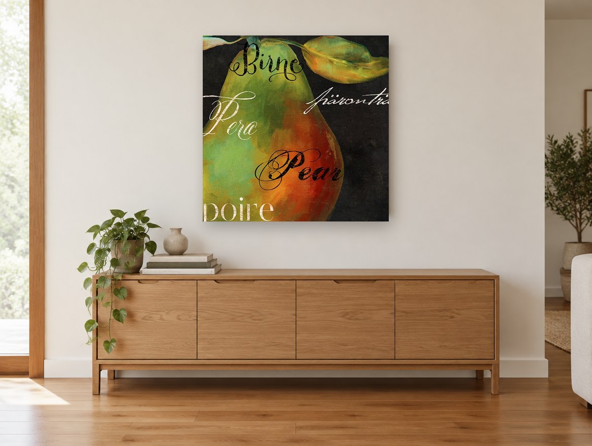 Pear in Many Tongues kitchen canvas print on the wall of a living room above a sideboard