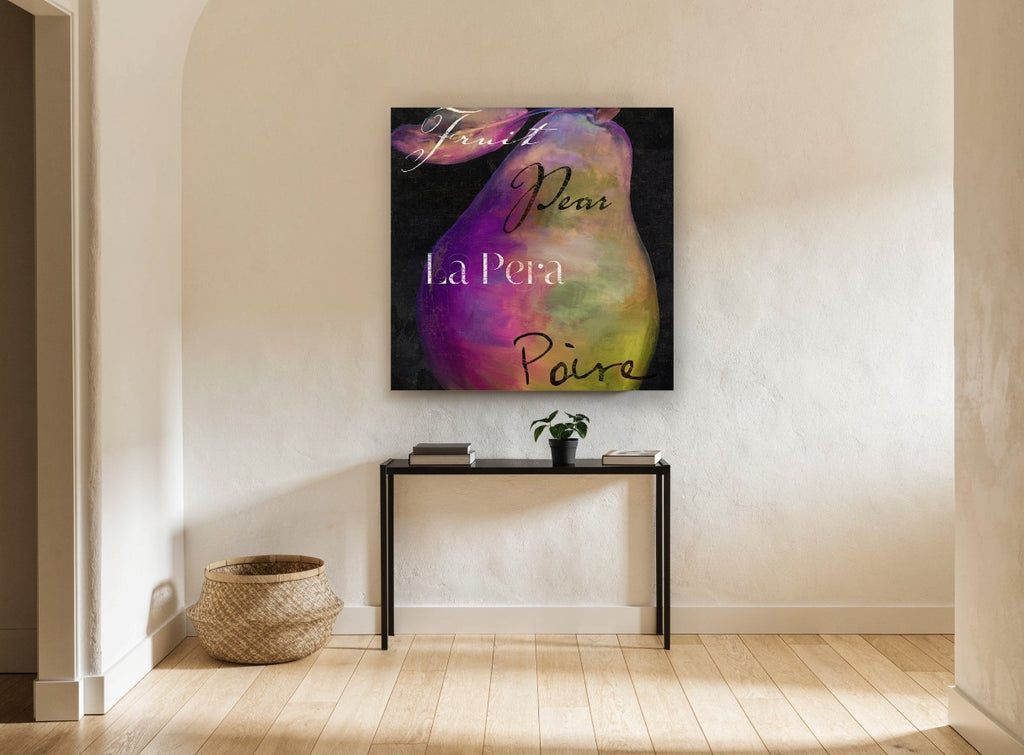 Violet Pear Script kitchen canvas print on the wall of a hallway