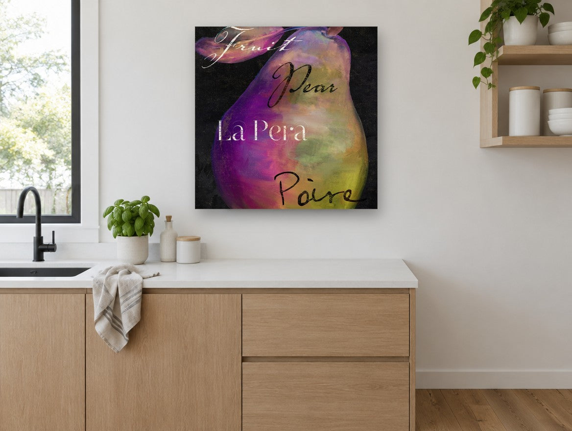 Violet Pear Script kitchen canvas print on the wall of a kitchen