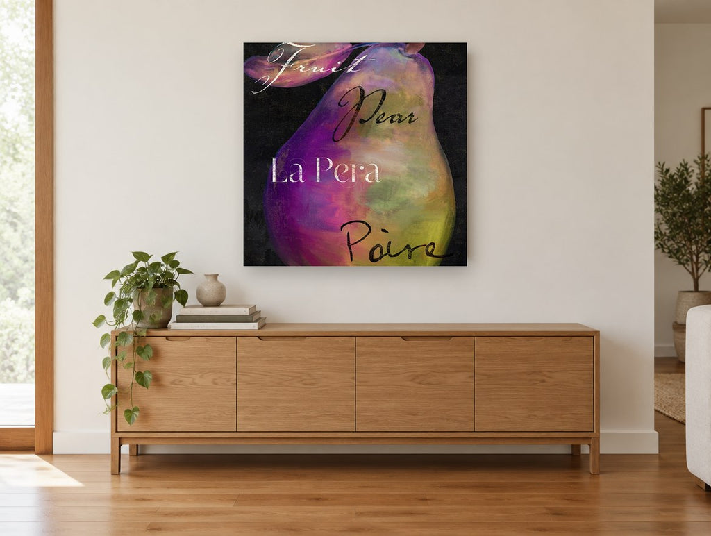Violet Pear Script kitchen canvas print on the wall of a living room above a sideboard