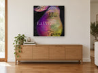 Violet Pear Script kitchen canvas print on the wall of a living room above a sideboard