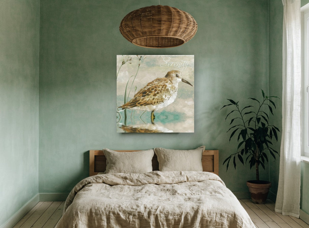 Serenity Sandpiper landscape canvas print on the wall of a bedroom