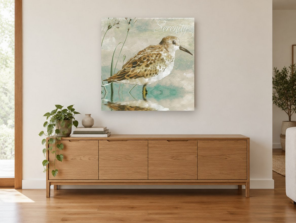 Serenity Sandpiper landscape canvas print on the wall of a living room above a sideboard