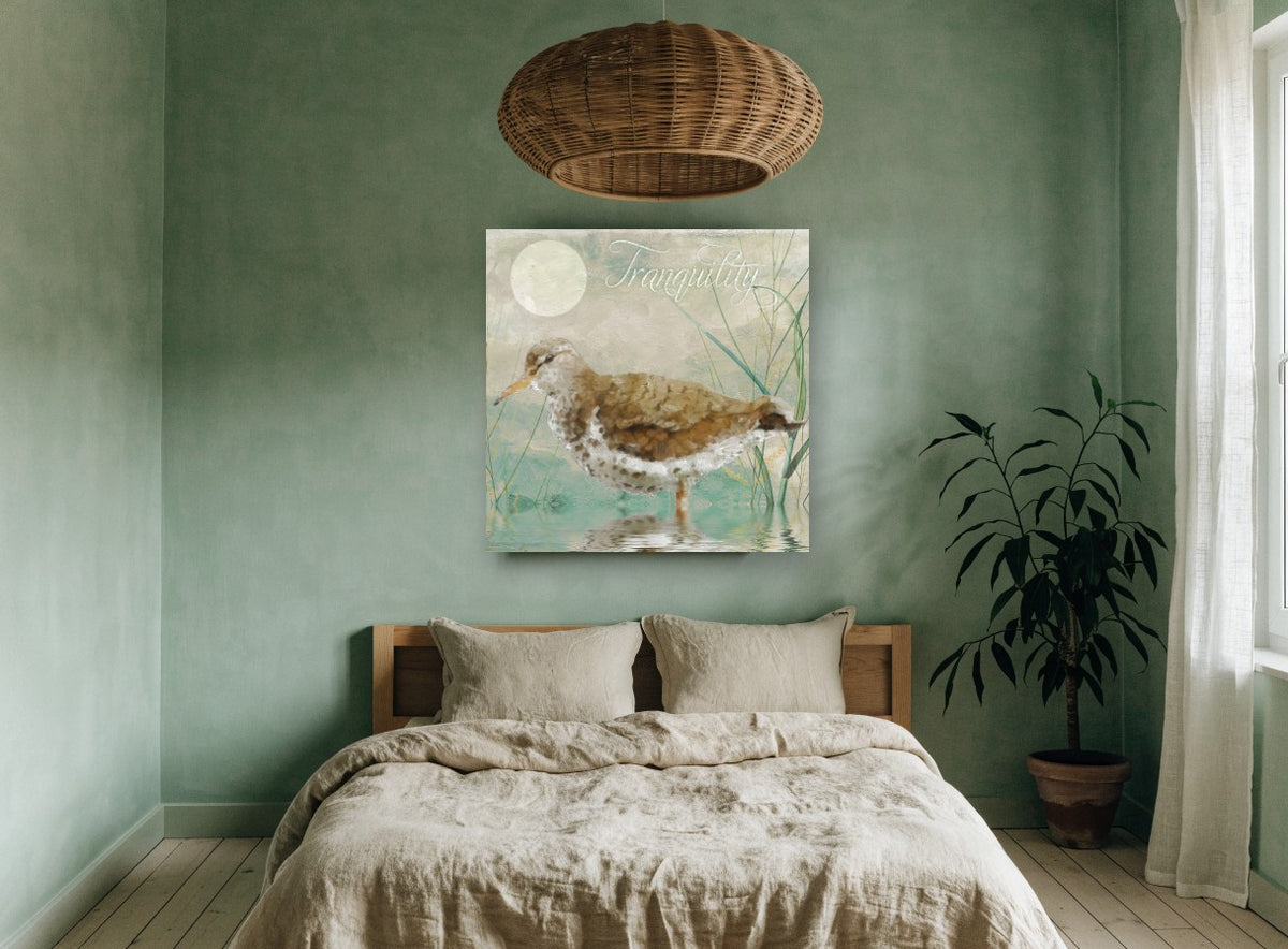 Still Water Sandpiper landscape canvas print on the wall of a bedroom
