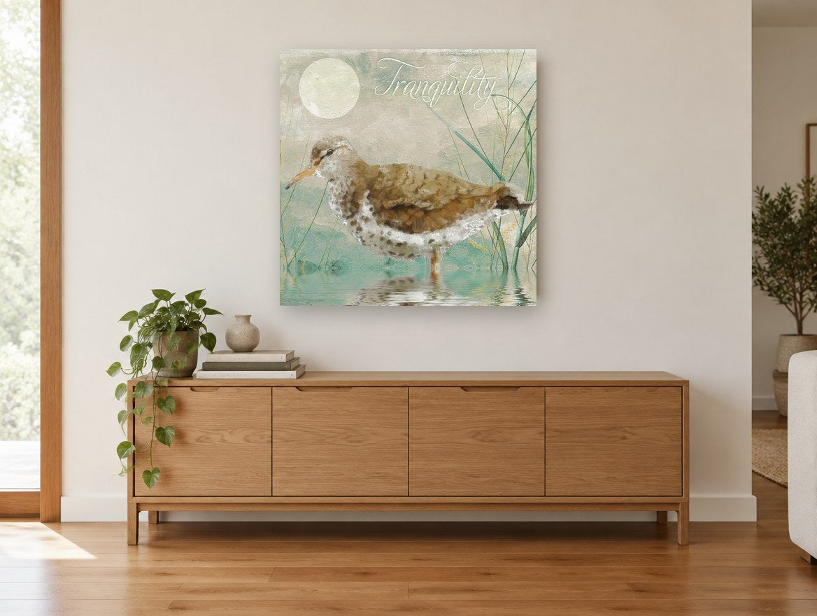 Still Water Sandpiper landscape canvas print on the wall of a living room above a sideboard