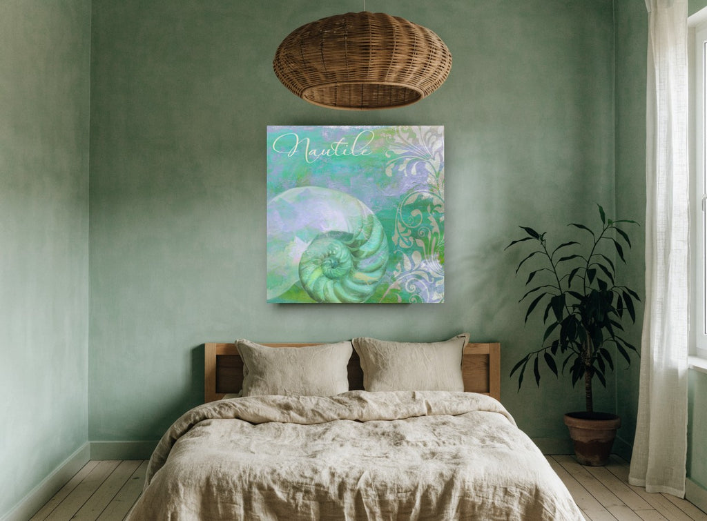 Nautilus Spiral Dreamscape coastal canvas print on the wall of a bedroom