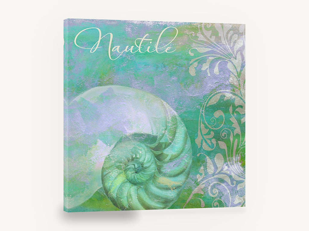 Nautilus Spiral Dreamscape, nautilus shell teal lilac mixed media, coastal canvas wall art print ready to hang