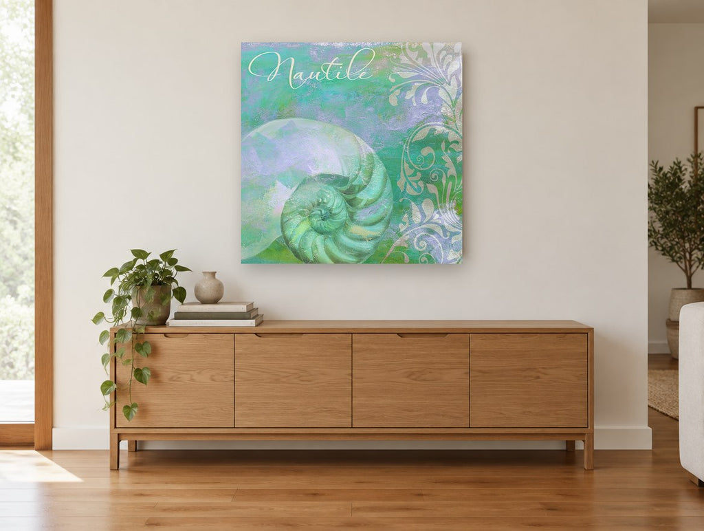 Nautilus Spiral Dreamscape coastal canvas print on the wall of a living room above a sideboard