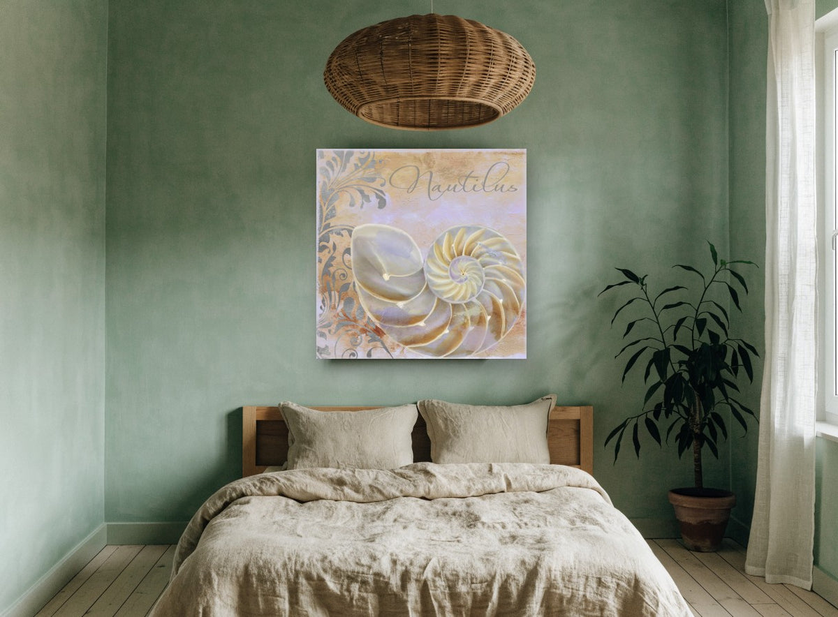 Pearl Nautilus Damask coastal canvas print on the wall of a bedroom