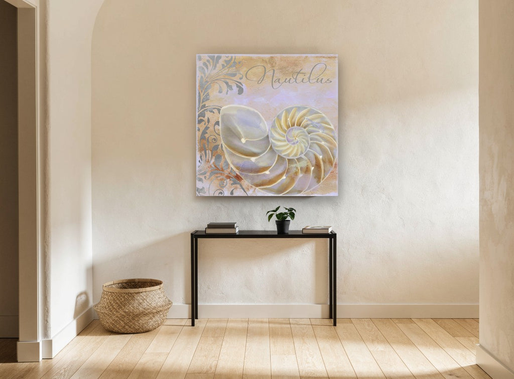 Pearl Nautilus Damask coastal canvas print on the wall of a hallway