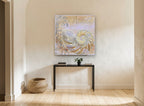 Pearl Nautilus Damask coastal canvas print on the wall of a hallway