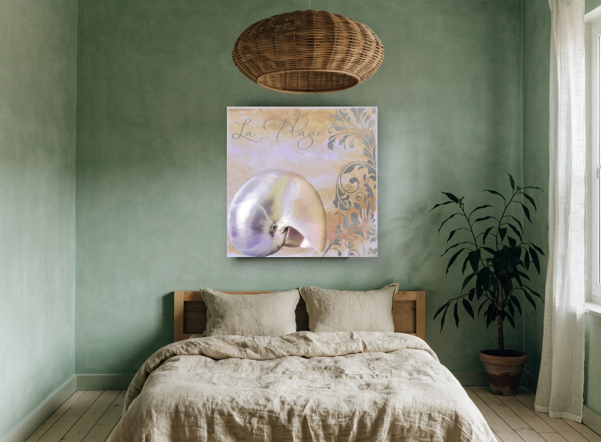 Pearl Nautilus Plage coastal canvas print on the wall of a bedroom