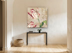 Striped Tulip Damask floral canvas print on the wall of a hallway