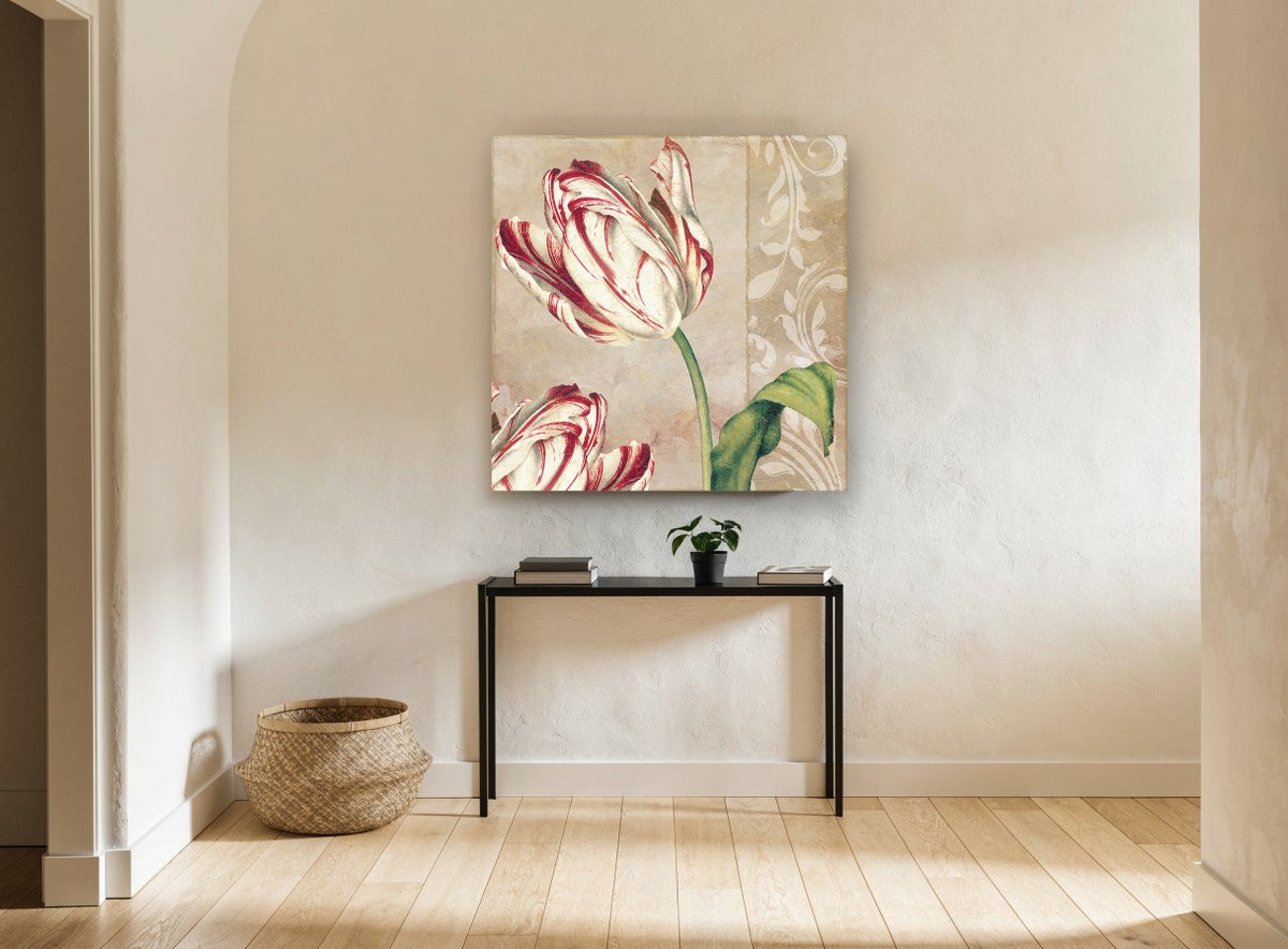 Striped Tulip Damask floral canvas print on the wall of a hallway