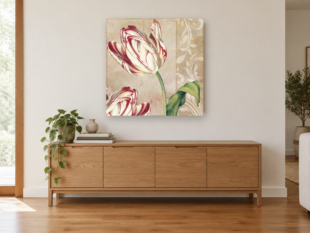 Striped Tulip Damask floral canvas print on the wall of a living room above a sideboard
