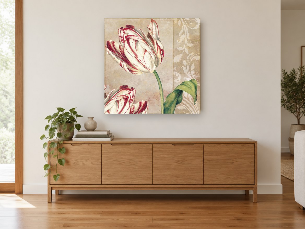 Striped Tulip Damask floral canvas print on the wall of a living room above a sideboard