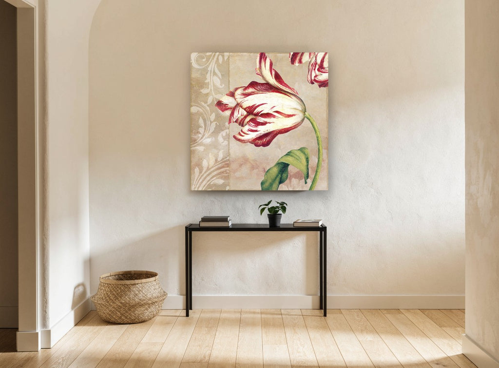 Striped Tulip Damask floral canvas print on the wall of a hallway