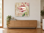 Striped Tulip Damask floral canvas print on the wall of a living room above a sideboard