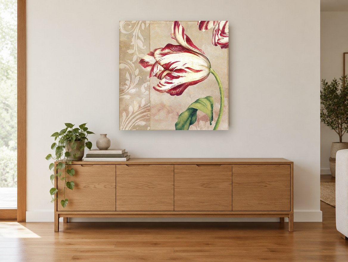 Striped Tulip Damask floral canvas print on the wall of a living room above a sideboard